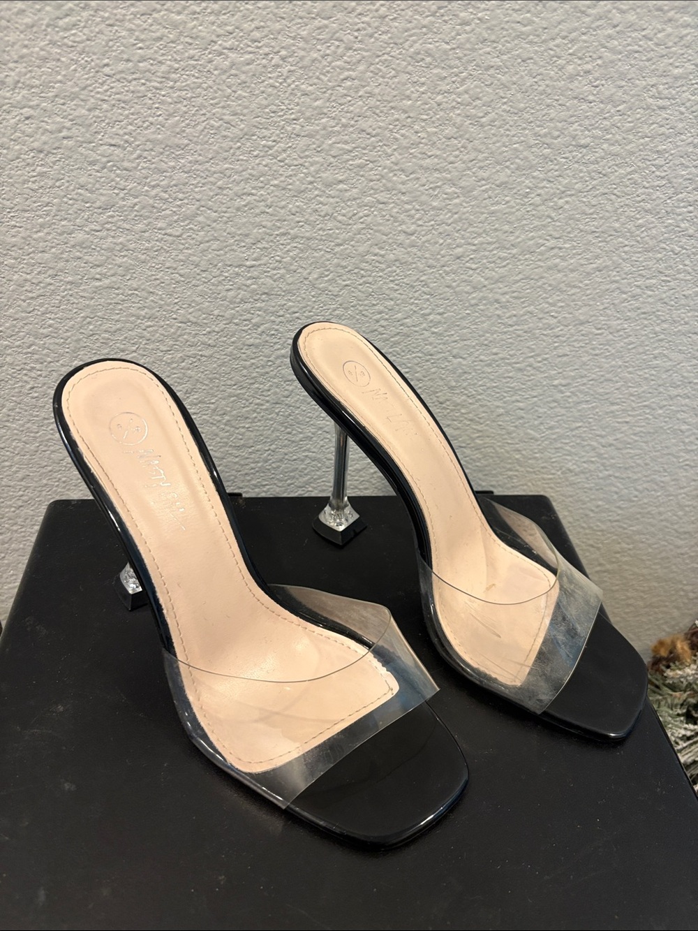 Nasty Gal Black Clear Strap Mule Heels